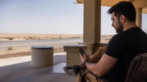 Traveller using a smartphone in traveller checking offline documents at a safe roadside rest area far from checkpoint
