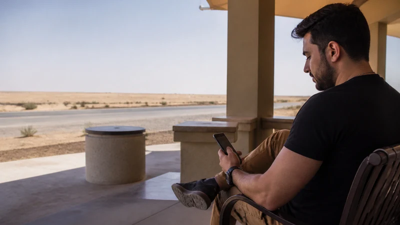 Traveller using a smartphone in traveller checking offline documents at a safe roadside rest area far from checkpoint