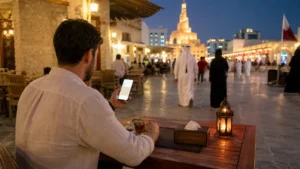 Traveller using a smartphone in weekend traveller checking a compact Doha itinerary at Souq Waqif