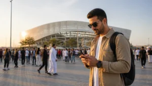 Traveller using a smartphone in sports fan checking travel details outside a Qatar stadium, no logos