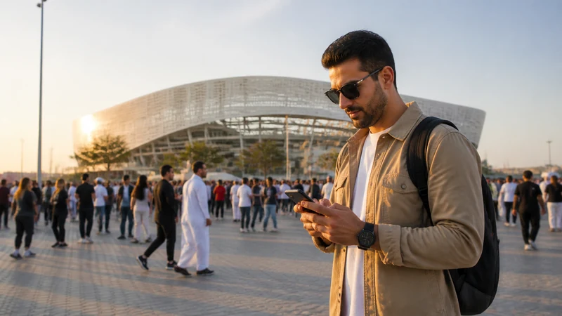 Traveller using a smartphone in sports fan checking travel details outside a Qatar stadium, no logos