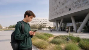 Traveller using a smartphone in international student using a phone near Education City architecture