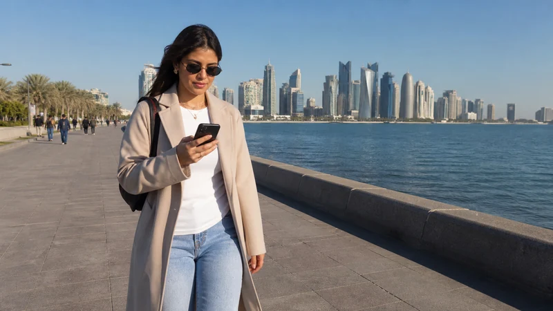 Traveller using a smartphone in winter visitor using a phone on the sunny Doha Corniche