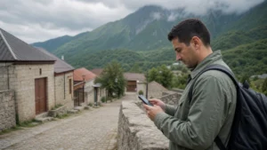 Traveller checking eSIM coverage in the Quba region