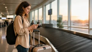 Traveller using a smartphone in Jordan for queen alia airport esim setup: arrival settings and troubleshooting