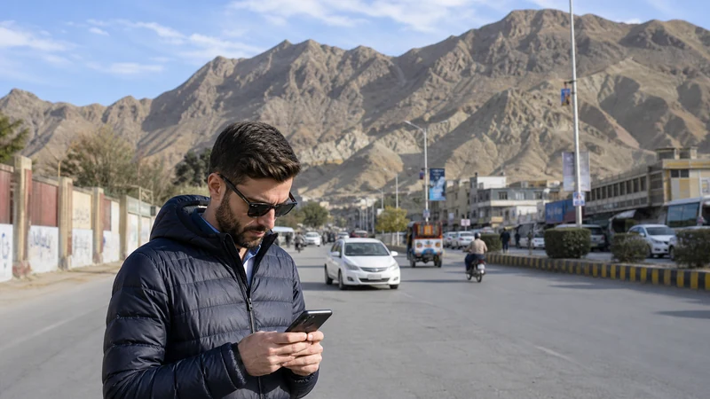 Traveller using mobile data on a Quetta city street