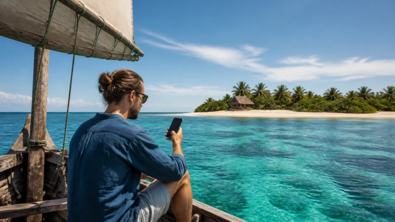Traveller using a smartphone in the Quirimbas Archipelago