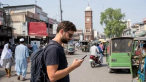 Traveller checking mobile navigation in Rawalpindi