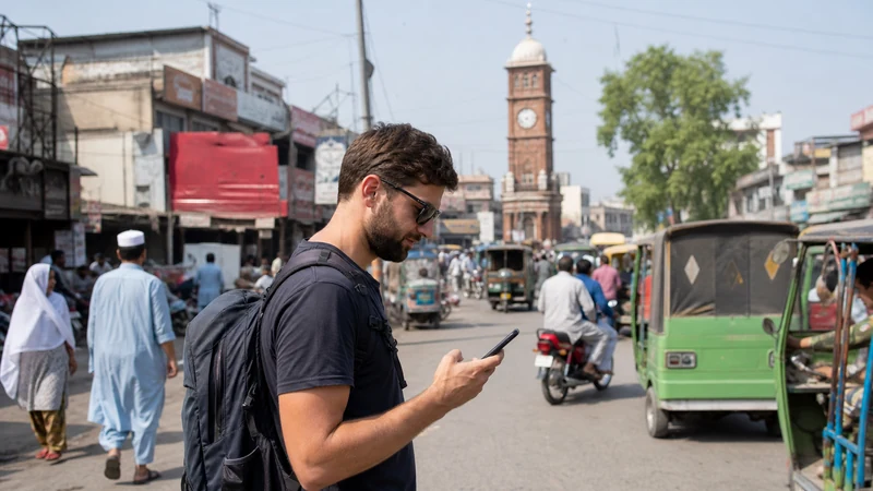 Traveller checking mobile navigation in Rawalpindi