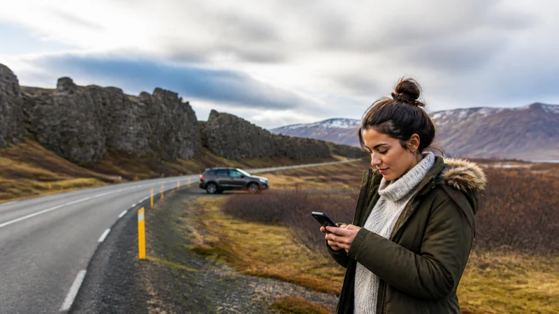 Traveller using a smartphone in Reykjavík