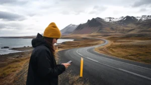 Traveller using a smartphone in Reykjavík