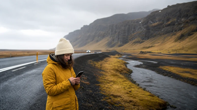 Traveller using a smartphone in Reykjavík