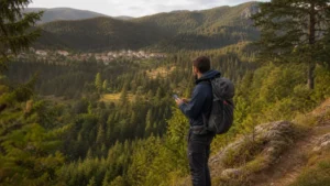 Hiker checking a smartphone in Bulgaria’s Rhodope Mountains