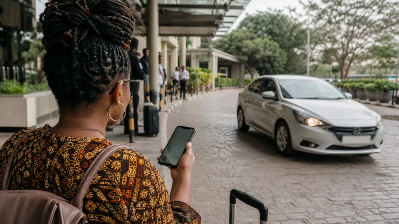 Traveller using a smartphone during a trip in Kenya