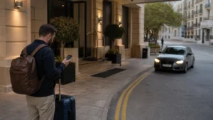 Traveller using a smartphone in Malta while using ride-hailing apps in Malta