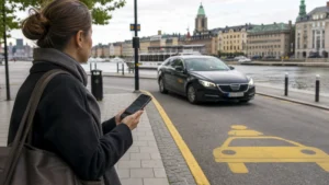 Traveller using a smartphone while preparing for ride-hailing apps in sweden: data and safety tips