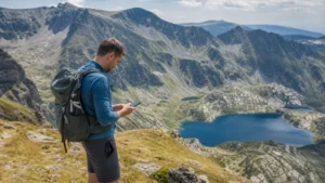 Traveller checking a smartphone in Bulgaria’s Rila Mountains