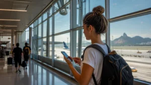 Traveller using a smartphone in Brazil for rio galeao airport esim setup