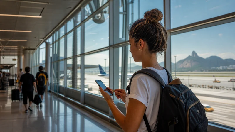 Traveller using a smartphone in Brazil for rio galeao airport esim setup