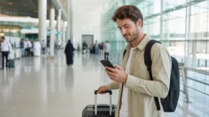 Arriving traveller setting up an eSIM at Riyadh airport.