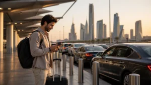 Traveller checking mobile data at the Riyadh airport pickup area.