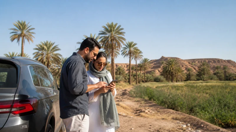 Traveller using mobile data near the palm-lined landscape of Al Kharj.