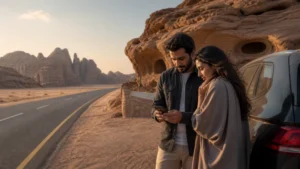 Travellers reviewing their route near the sandstone landscapes of AlUla.