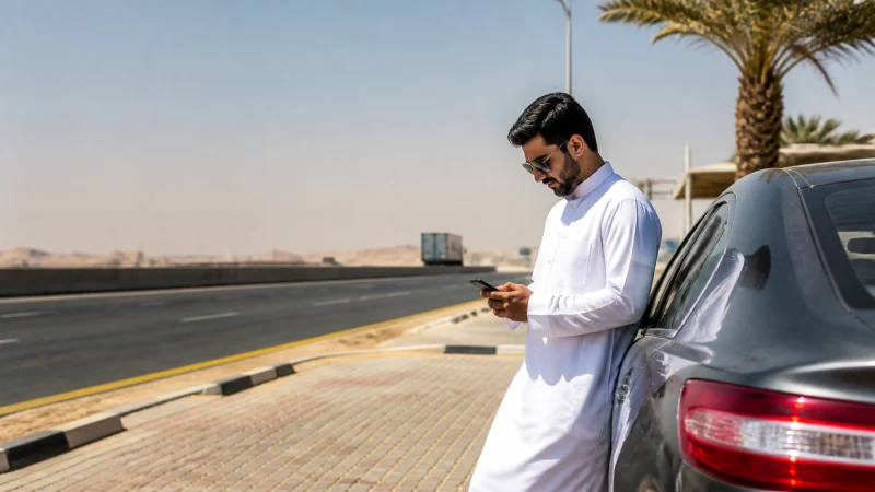 Traveller checking mobile data at an eastern Saudi highway stop.
