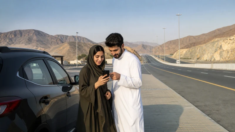 Travellers checking navigation on the Riyadh–Jeddah route.