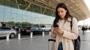 Traveller checking mobile settings after arriving in Armenia