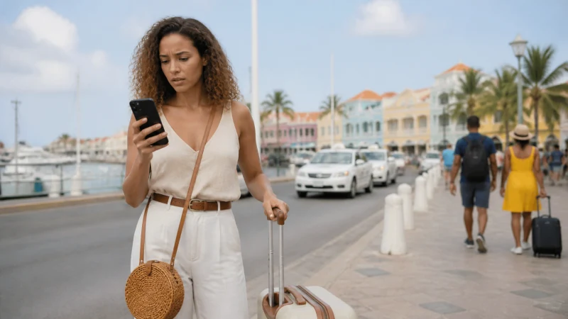 Arriving traveller checking a smartphone on the Oranjestad waterfront