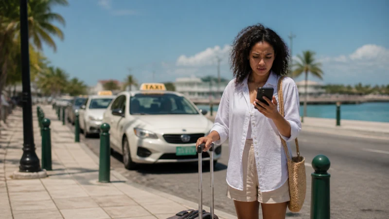 Arriving traveller checking a smartphone on the Nassau waterfront
