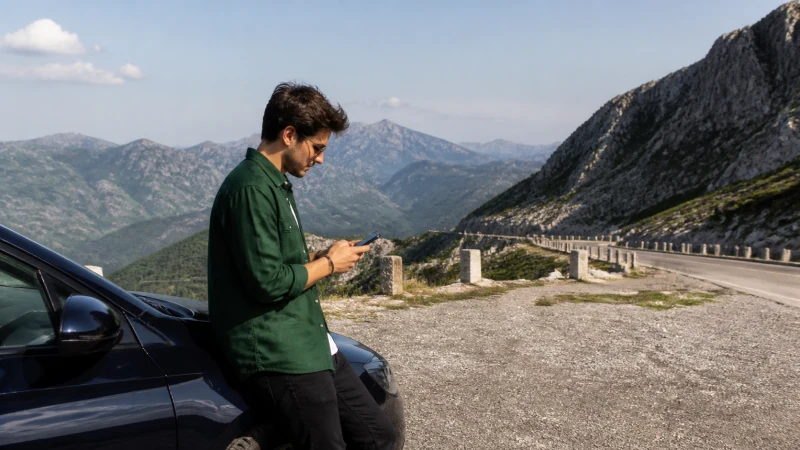 Road traveller checking a smartphone on a mountain route through the Balkans.