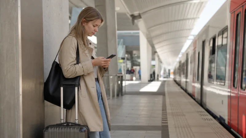 Traveller checking mobile roaming options at a Belgian train station