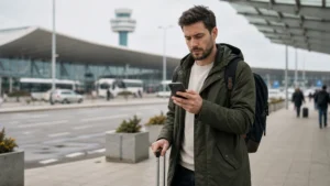 Traveller checking mobile roaming after arriving at Sofia Airport