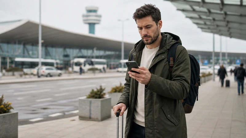 Traveller checking mobile roaming after arriving at Sofia Airport