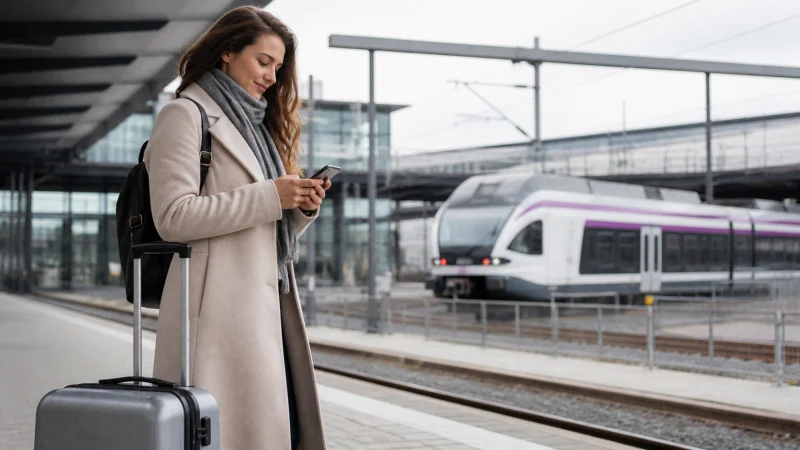 Traveller checking mobile roaming options after arriving in Finland