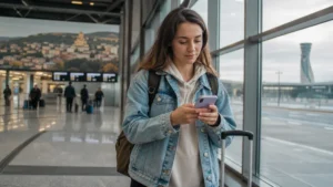 International traveller checking a smartphone at Tbilisi airport arrivals