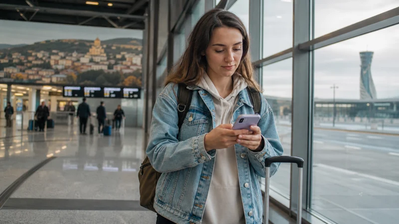 International traveller checking a smartphone at Tbilisi airport arrivals