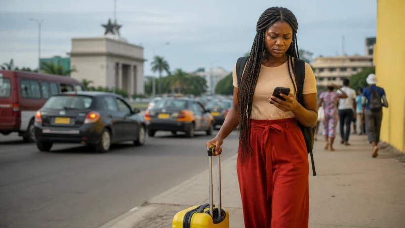 Arriving traveller checking a smartphone on an Accra street