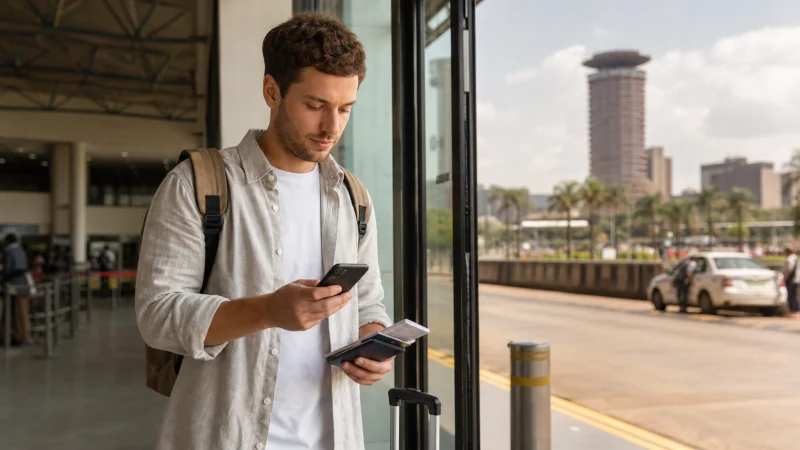 Traveller using a smartphone during a trip in Kenya