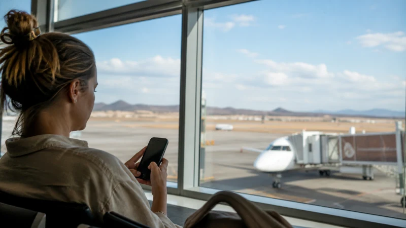 Traveller using a smartphone in Namibia while avoiding unexpected roaming charges in Namibia