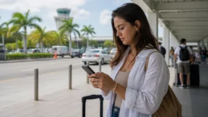 Traveller using a smartphone in Puerto Rico while checking whether a home carrier charges for service in Puerto Rico