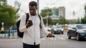 Arriving traveller checking a smartphone on a Kigali street