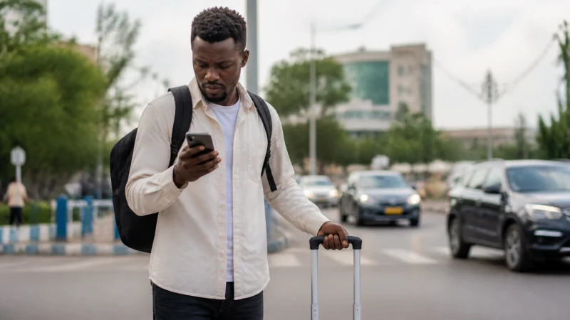 Arriving traveller checking a smartphone on a Kigali street