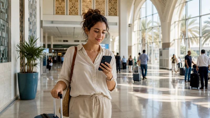 Traveller checking a smartphone in a bright Tunisian airport arrival hall.