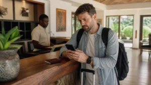 Traveller reviewing roaming settings in Uganda.