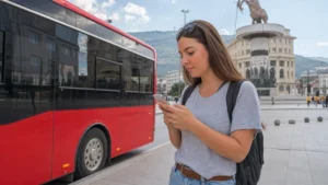 Traveller using a smartphone during roaming in north macedonia for tourists in North Macedonia.