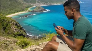 Traveller using a smartphone in Mauritius while researching mobile internet on rodrigues island