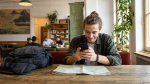 Traveller using a smartphone during budget travel in romania in Romania.